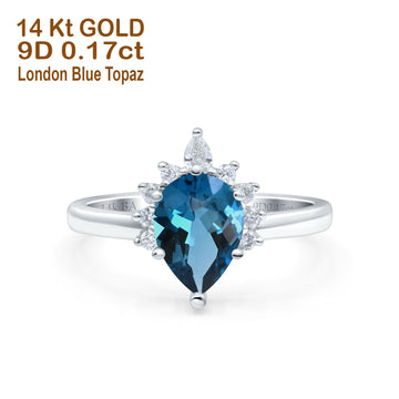 14K White Gold 1.5ct Teardrop Art Deco Pear 9mmx6mm G SI London Blue Topaz Diamond Engagement Wedding Ring Size 6.5
